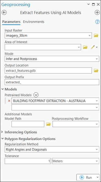 Paramètres de l’outil Extract Features Using AI Models (Extraire des entités à l’aide de modèles d’IA).