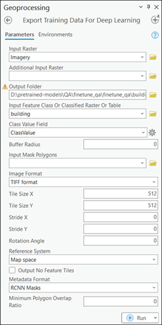 Paramètres de l’outil Exporter les données d’entraînement pour Deep Learning