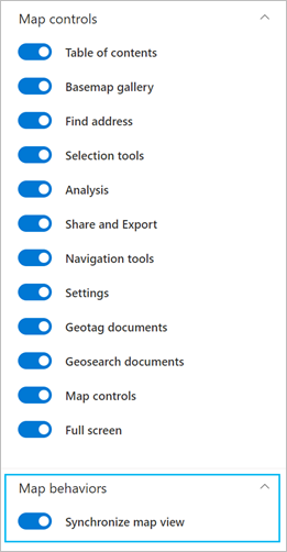 Bouton bascule Synchronize map view (Synchroniser la vue cartographique) dans la section Map controls (Contrôles de la carte) de la fenêtre ArcGIS