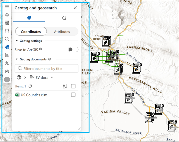 Onglet Geotag (Géolocaliser) sur une carte des bornes de recharge pour véhicules électriques avec l’onglet Coordinates (Coordonnées) ouvert