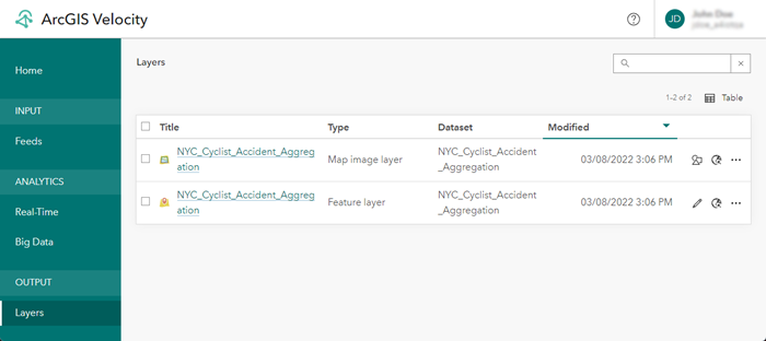 Page Layers (Couches) dans l’application Velocity