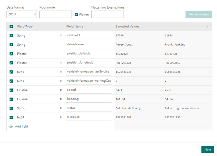 Page Confirmer la structure produite à partir d’un fichier JSON aplati