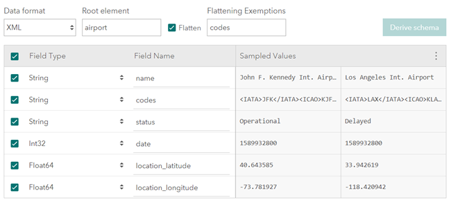 La page Resulting confirm schema (Confirmer la structure résultante) du fichier XML aplati montre que le champ des codes est exclu de l’aplatissement.