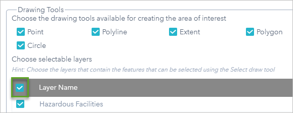 Outils de dessin activés avec une zone verte autour de la case Layer Name (Nom de la couche)