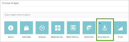 Widget Business Analyst sélectionné dans la fenêtre Choose Widget (Choisir un widget)