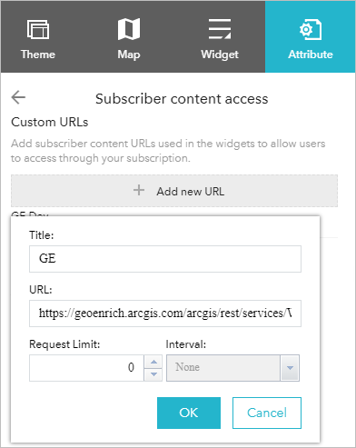 Onglet Attribute (Attribut) avec la fenêtre Subscriber content access (Accès au contenu Abonné) et les paramètres d’URL