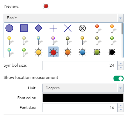 Éditeur des symboles ponctuels de type image avec l’option Show location measurement (Afficher la mesure de l’emplacement) activée