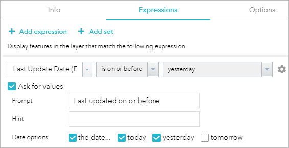 Expression avec l’option Ask for values (Demander des valeurs) activée et l’option Date options (Options de date) modifiée