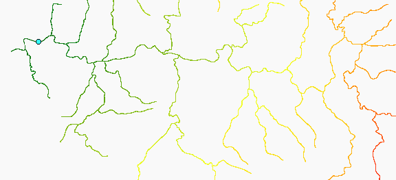 Mappa dei calcoli della distanza lungo una rete di corsi d'acqua da un misuratore di flusso