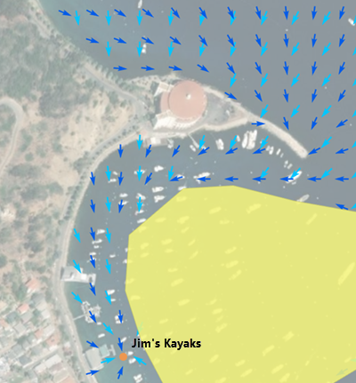 Mappa che indica come la direzione di provenienza e quella di ritorno differiscono quando una penisola si trova tra un kayaker e la sua destinazione.