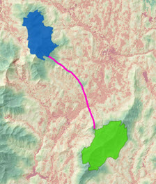 Mappa del percorso minimo-costo tra due posizioni visualizzato sopra la superficie di costo