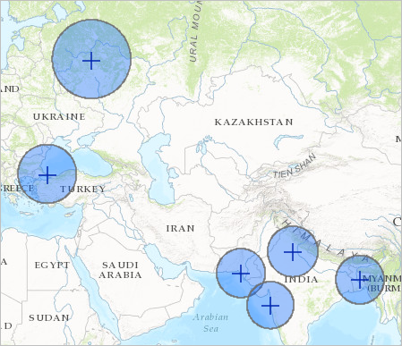 Buffer di circa 500 km visualizzati in diverse parti del mondo