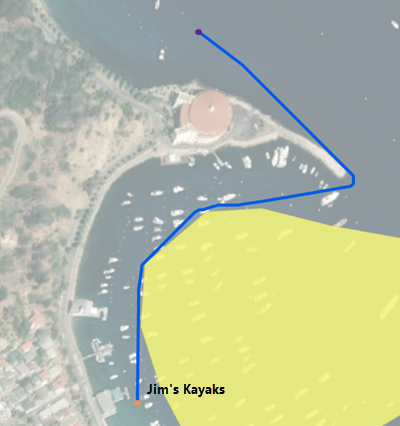 Il percorso che un kayak dovrebbe seguire per spostarsi intorno a una penisola e tornare al noleggio di kayak