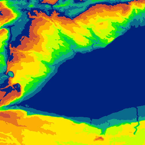 Spazio tra Contour riempito con il valore di elevazione quantizzata e visualizzato con una scala cromatica