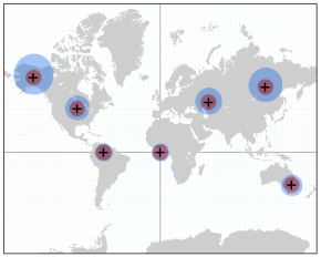 Mappa del mondo con buffer planari e geodetici attorno a città selezionate