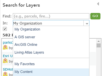 Pannello laterale Cerca layer impostato su I miei contenuti