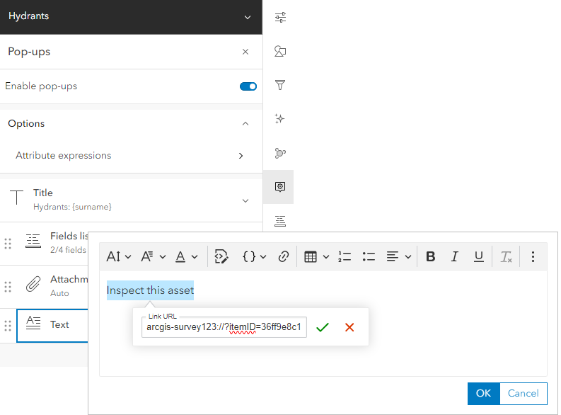 Configurare il collegamento per lo schema URL nel pop-up. Configurare il collegamento per lo schema URL nel pop-up.