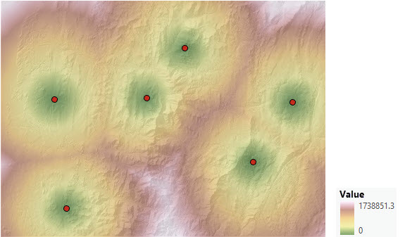 6 つのポイントからの累積コスト距離のマップ