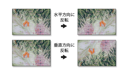 左右および上下に反転させたラスター データセットのイメージ 左右および上下に反転させたラスター データセットのイメージ