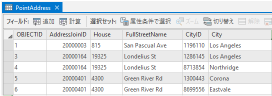 同じ AddressJoinID 値を持つ 2 つのフィーチャを含む参照データ属性テーブル 同じ AddressJoinID 値を持つ 2 つのフィーチャを含む参照データ属性テーブル