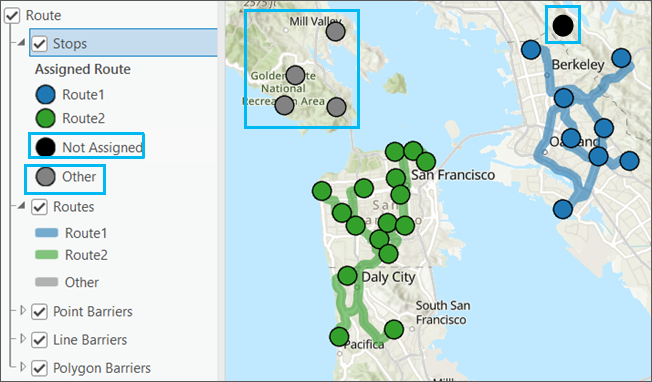 特定のルートに割り当てられていないフィーチャは、黒でシンボル化され、ルートに割り当てられているフィーチャは、解析が実行されるまで、グレーでシンボル化されます。 特定のルートに割り当てられていないフィーチャは、黒でシンボル化され、ルートに割り当てられているフィーチャは、解析が実行されるまで、グレーでシンボル化されます。