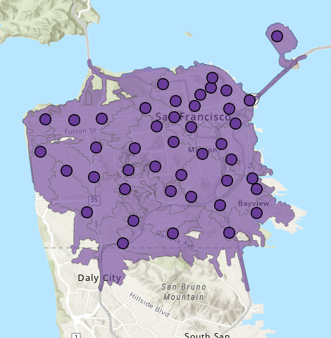 各消防署から 4 分の運転で到達できるエリア 各消防署から 4 分の運転で到達できるエリア