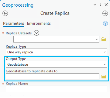 レプリカの作成ジオプロセシング ツールを使用するときは、出力タイプをジオデータベース、XML、新しいファイル ジオデータベースのどれにも設定できます。