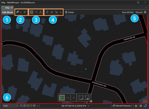 Mapview ツールバーがマークされた、編集モードのマップ。