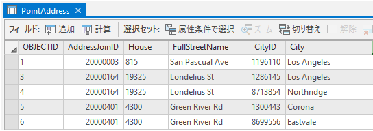 同じ AddressJoinID 値を持つ 2 つのフィーチャを含む参照データ属性テーブル