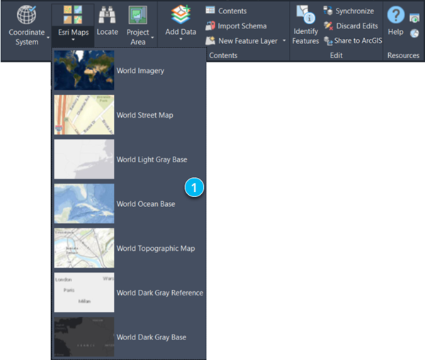 ArcGIS Online のクイック アクセス Esri マップ オプション