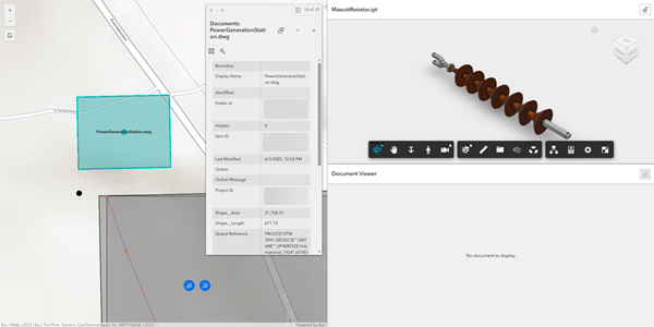 GeoBIM ドキュメント ポリゴン フィーチャでマップを選択すると、マップ ウィジェットに接続されているドキュメント ビューアーに、最初に利用可能なリンクが表示されます。