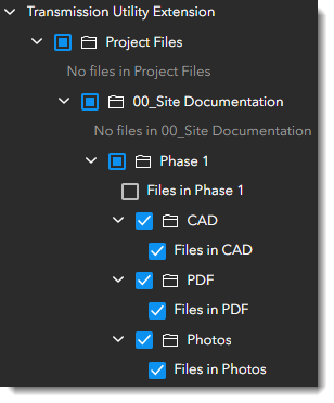 Phase 1 サブフォルダー内のファイルが選択解除されます。 Phase 1 のすべてのサブフォルダー (CAD、PDF、Photos) は選択されたままです。