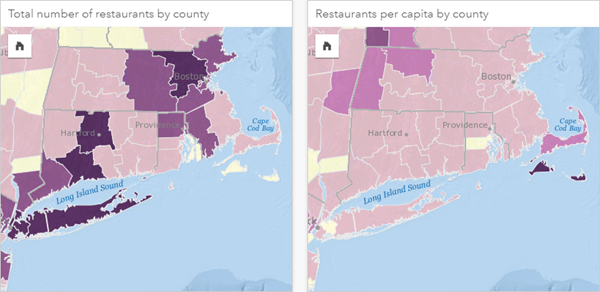レストランの数と、郡別の 1 人あたりのレストラン数を表示するコロプレス マップ