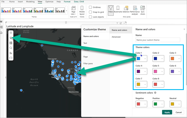 ArcGIS for Power BI のマップ ツールは、テーマ色 1 によって変わります