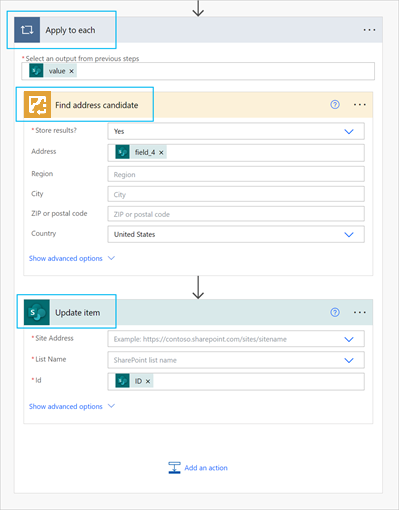 Apply to each アクションに含まれる Find address candidate コネクターと Update item コネクター