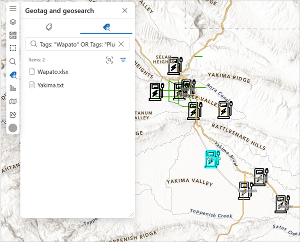 ドキュメントをジオサーチしますウィンドウに表示された、フィーチャのジオタグと一致するドキュメント ドキュメントをジオサーチしますウィンドウに表示された、フィーチャのジオタグと一致するドキュメント