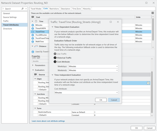 Network Dataset Properties: Routing_ND dialog box tor Traffic: TravelTime Network Dataset Properties: Routing_ND dialog box tor Traffic: TravelTime
