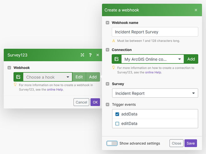 調査の Webhook を作成します。