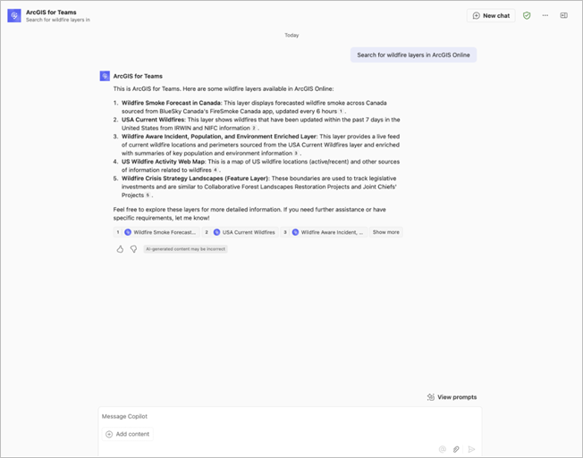 Microsoft Copilot での ArcGIS 結果のプレビュー
