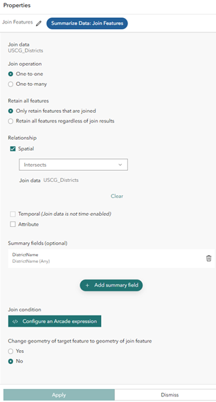 集計フィールドが構成されたフィーチャの結合ツール
