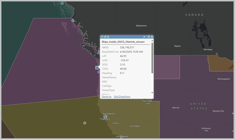 選択した船舶が位置している USCG 地区の詳細