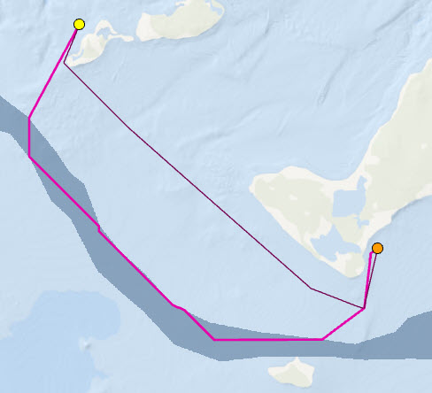 자홍색 라인은 해류를 사용하여 두 번째 정박지에 접근하는 가장 빠른 경로입니다.