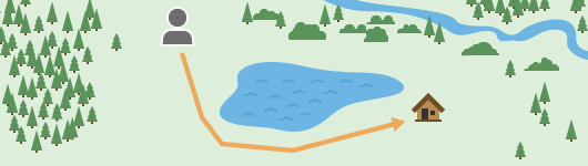 등산객과 산장 간에 호수가 있으면 등산객의 경로가 변경됨