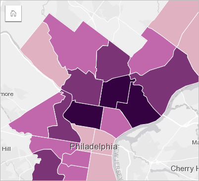 필라델피아 내 각 경찰 구역의 실업률을 보여주는 등치 맵