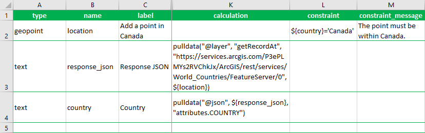 pulldata("@layer") 제약 조건이 있는 XLSForm