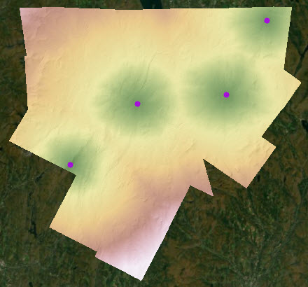 Mapa zakumulowanej odległości kosztu obliczonej na podstawie czterech punktów