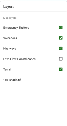 Lista warstw z wyłączoną warstwą Lava Flow Hazard Zones (Strefy zagrożenia erupcjami lawy)