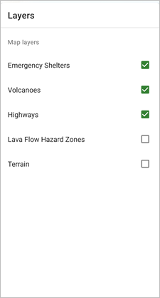 Lista warstw z wyłączonymi warstwami Lava Flow Hazard Zones (Strefy zagrożenia erupcjami lawy) i Terrain (Teren)