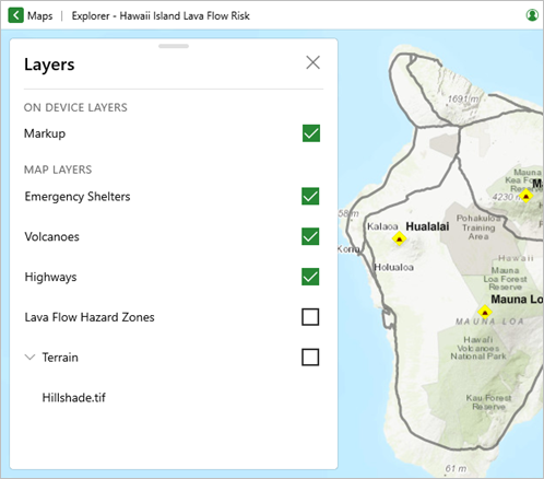 Mapa z wyłączonymi warstwami Lava Flow Hazard Zones (Strefy zagrożenia erupcjami lawy) i Terrain (Teren)