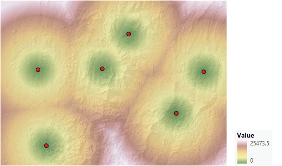 Mapa da distância em linha reta a partir de seis pontos